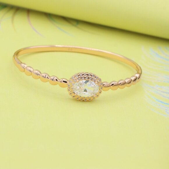 Rose Gold Bangle with Oval Center Stone and Beaded Design, XPBL0453 - Picture 3 of 11